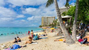 people on waikiki beach in Honolulu